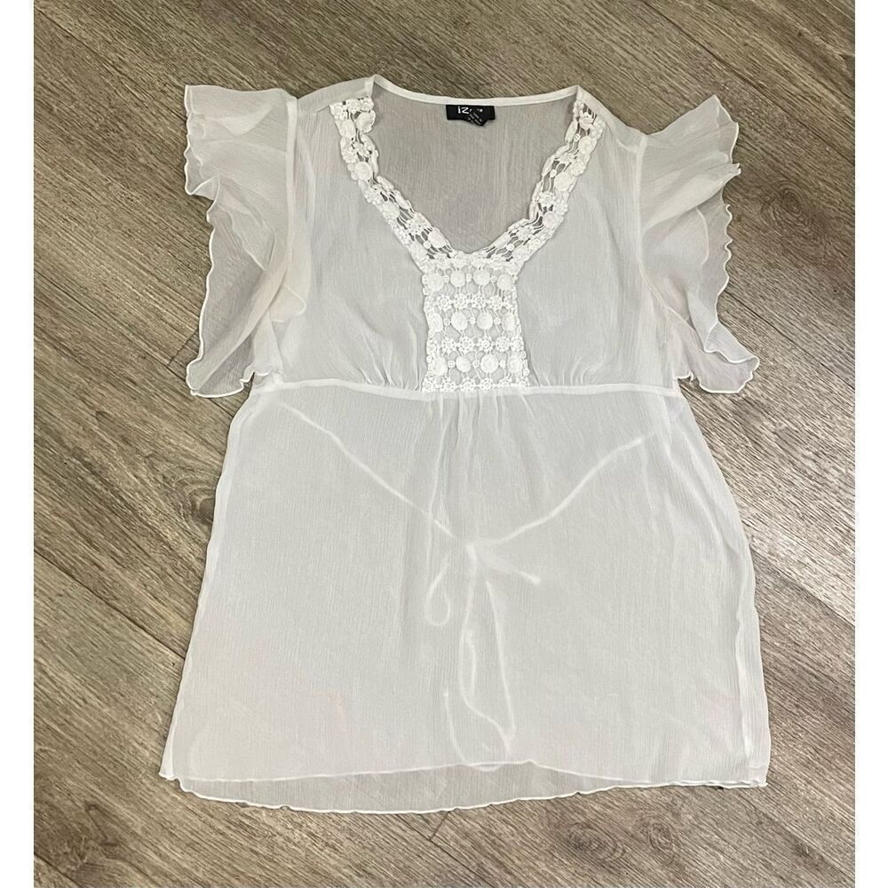 IZ Byer White Angel Fairy Baby Doll Top XL Y2K Tie Back V Neck Flowy Sheer
